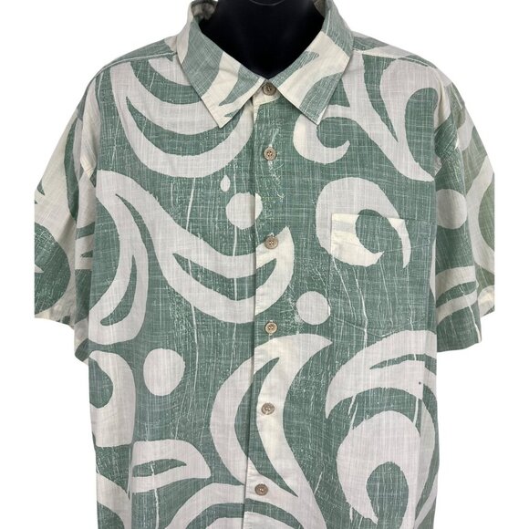 Quiksilver Size Large Mens Green White Abstract Hawaiian Aloha Button-Up Shirt - Picture 2 of 9